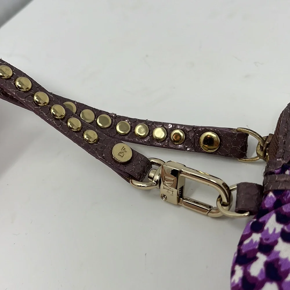 Diane Von Furstenburg Wristlet Wallet Purple Nylon Snake Pattern Stud Leather